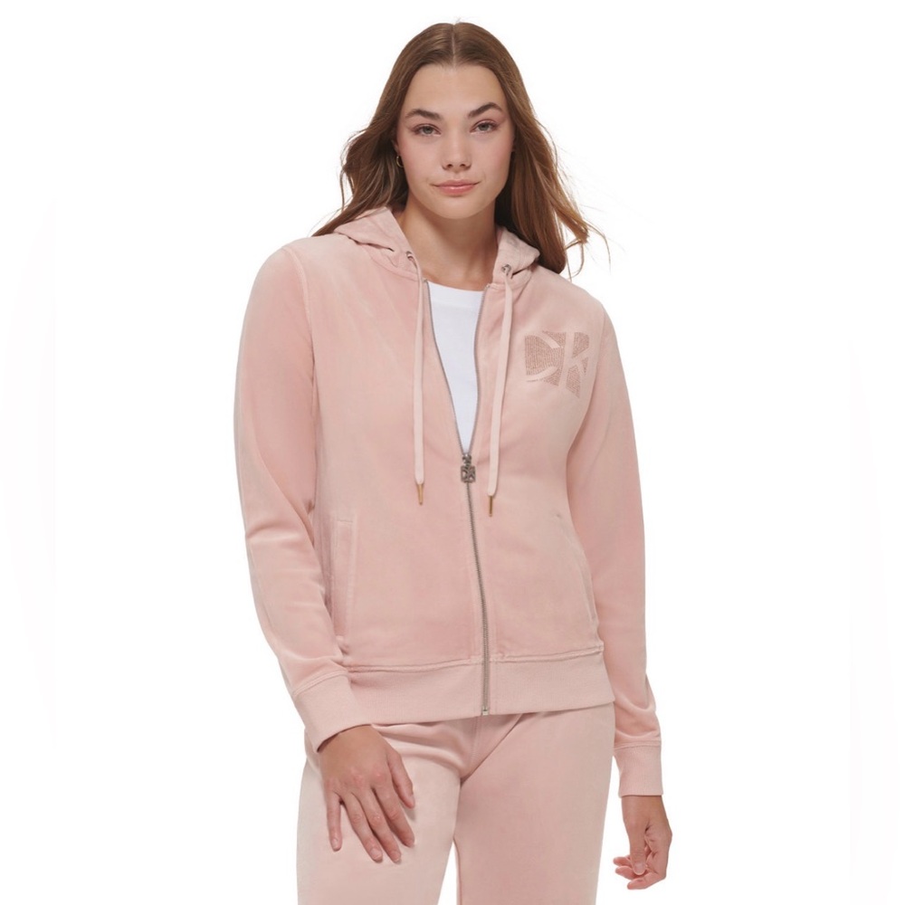 Calvin Klein Dusty Rose Rhinestone Logo Velour Hoodie